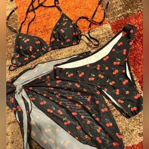 Cherry Print Bikini Set with Cover-Up